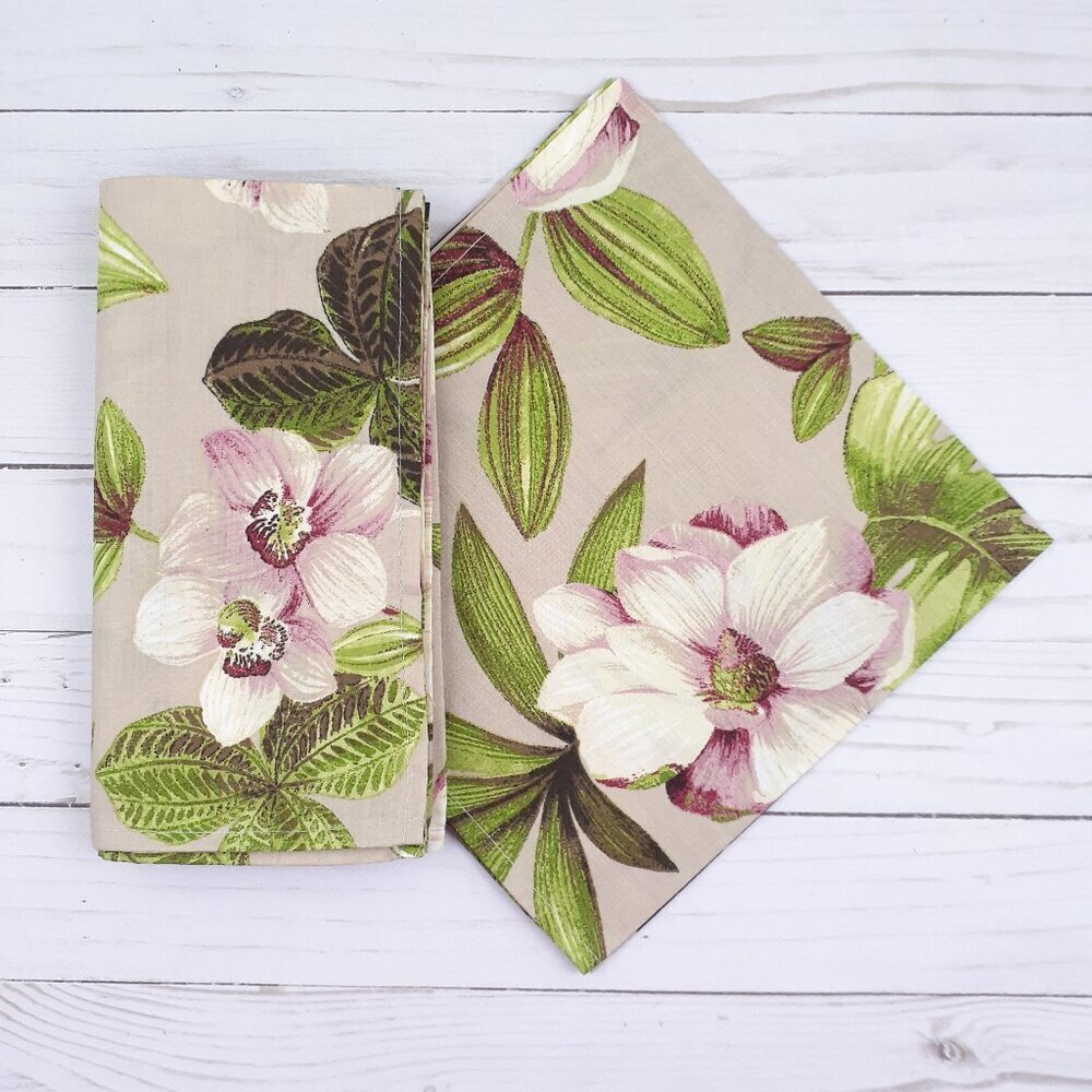 Fabric Dinner Napkins Tropical Flowers 18x18 Set of 4 Beige